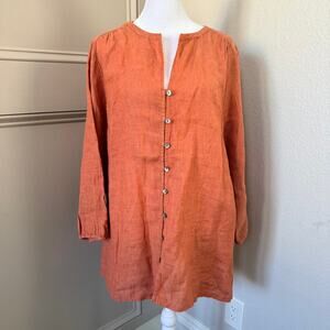NWT J Jill Pure Jill L 100% Linen V Neck Collarless Button Tunic Rust Orange